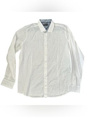 next White Long-Sleeve Dress Shirt with Blue Patterned Inner Collar